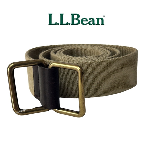 L.L. Bean Belt Square Ring Buckle Cotton Web & Leather Khaki Made in USA Vintage - Picture 1 of 12